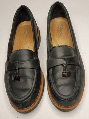 Clarks Westlynn Bella Black Leather Tassel Lug Sole Loafers Women's Size 8.5 M